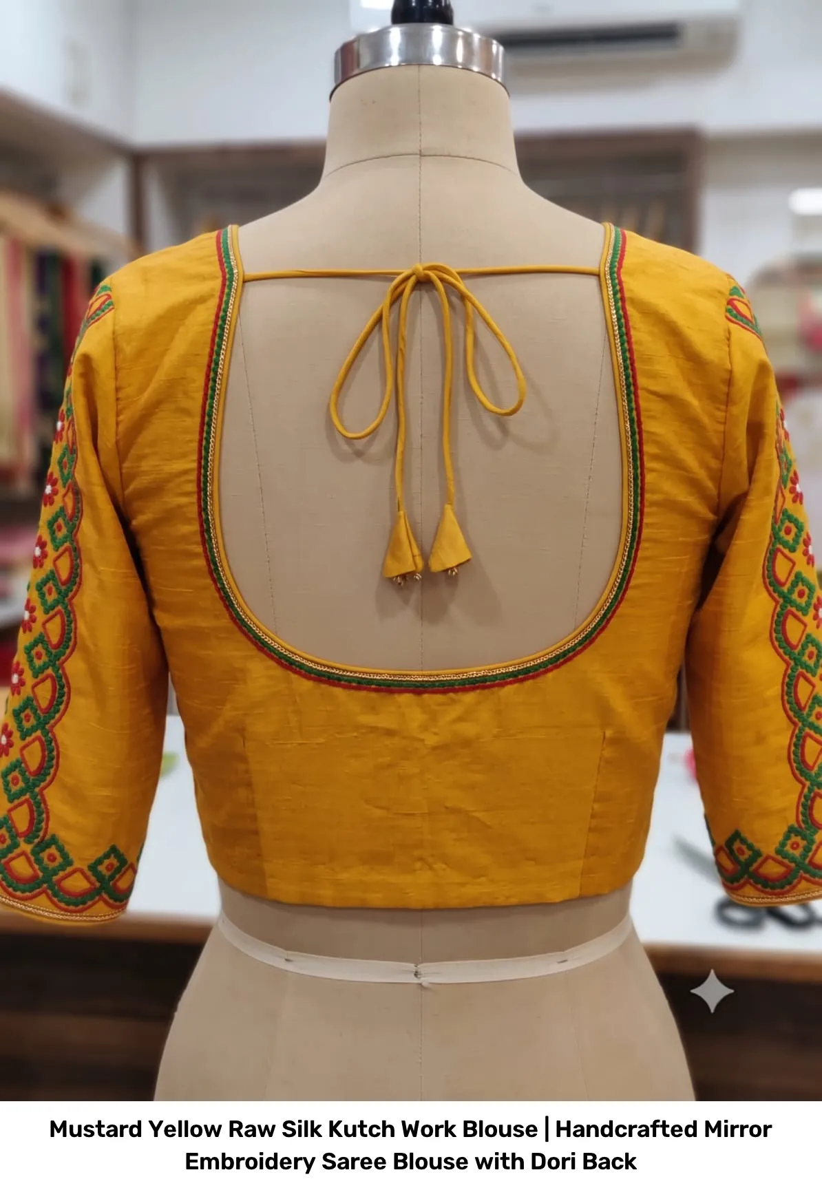 Mustard Yellow Raw Silk Kutch Work Blouse | Handcrafted Mirror Embroidery Saree Blouse with Dori Back 2