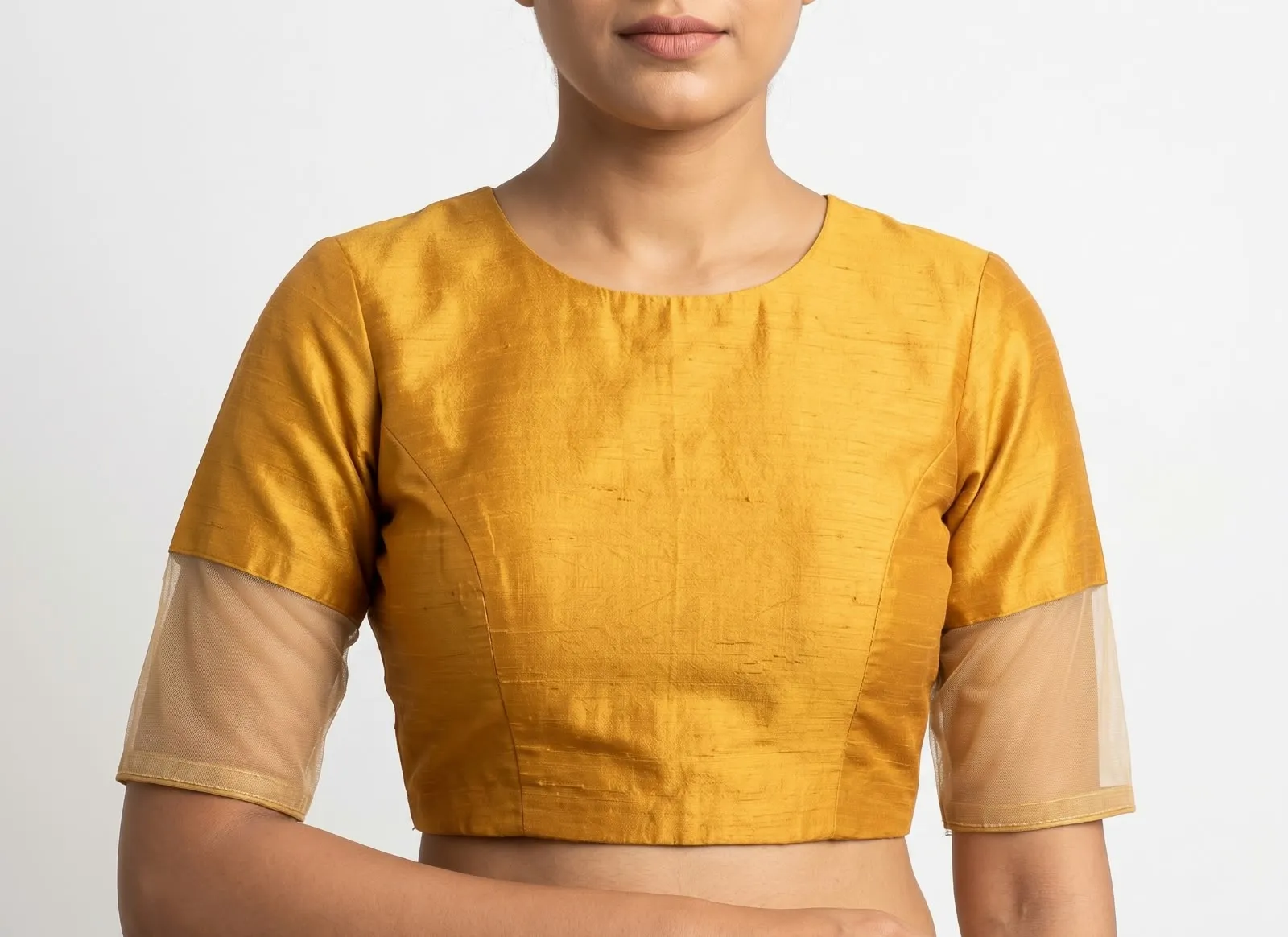 Mustard Yellow Raw Silk Net Sleeve Readymade Saree Blouse