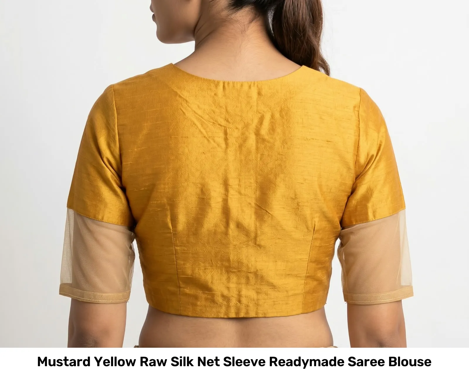 Mustard Yellow Raw Silk Net Sleeve Readymade Saree Blouse 2
