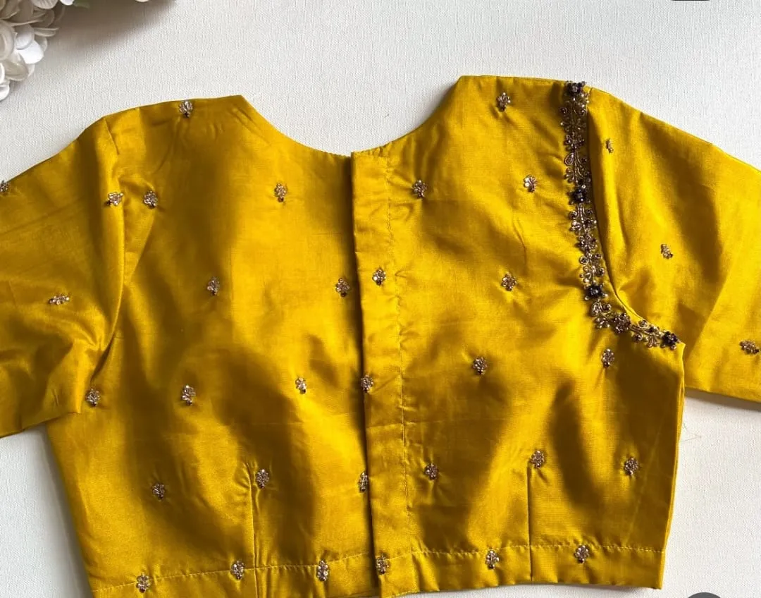 Mustard Yellow Raw Silk Readymade Blouse Wholesale | One Side Shoulder Handwork Maggam Embroidery Saree Blouse