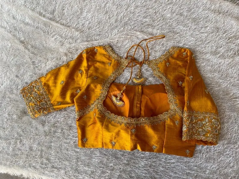 Mustard Yellow Scallop Neck Maggam Work Blouse