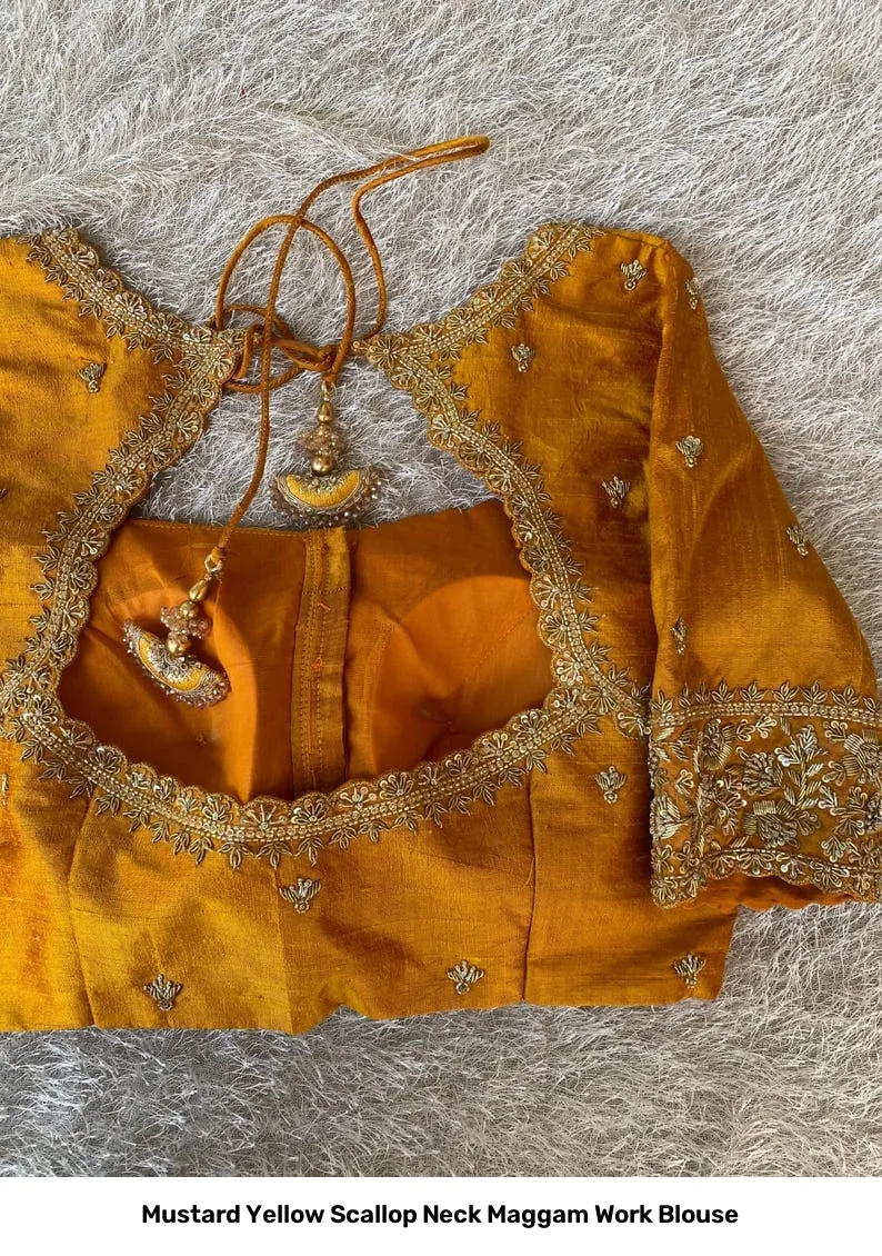 Mustard Yellow Scallop Neck Maggam Work Blouse 2