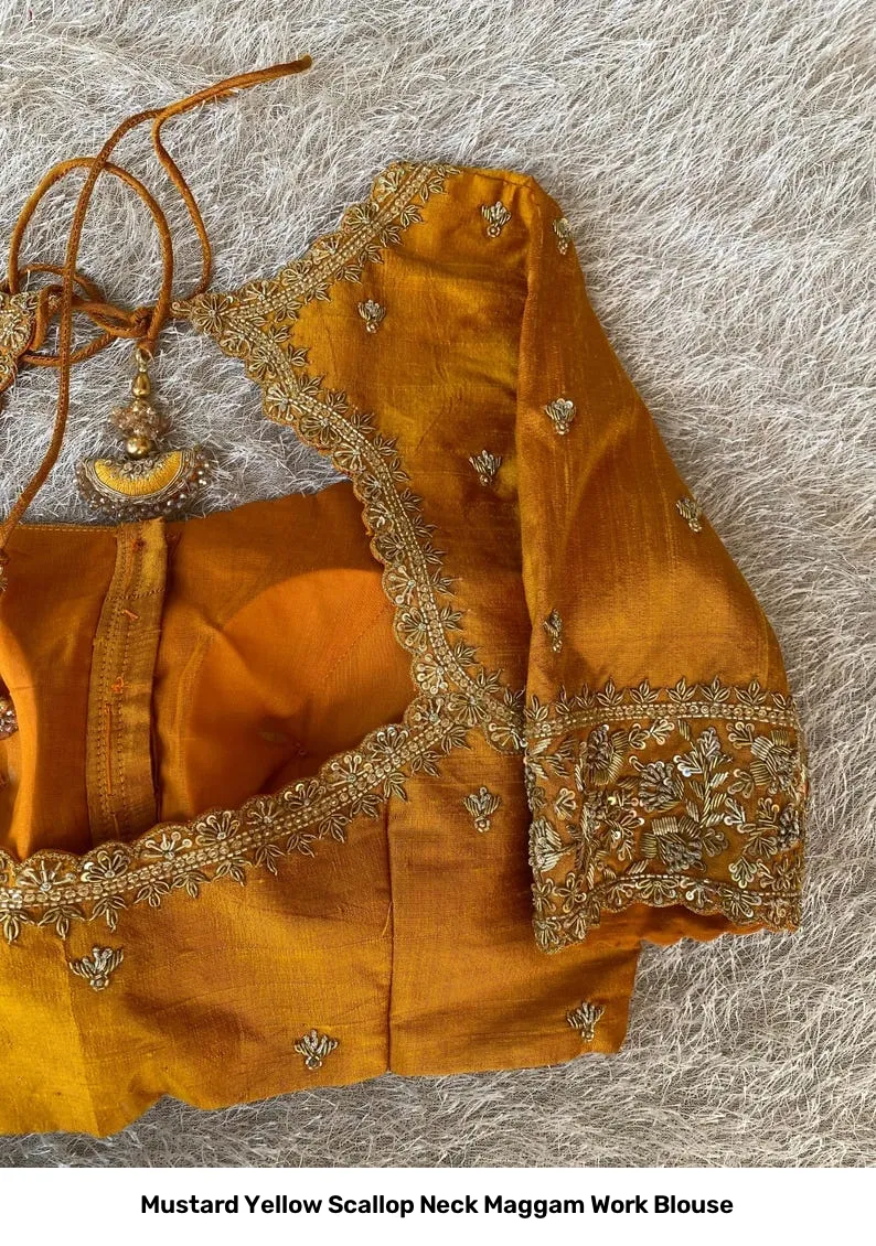 Mustard Yellow Scallop Neck Maggam Work Blouse 3