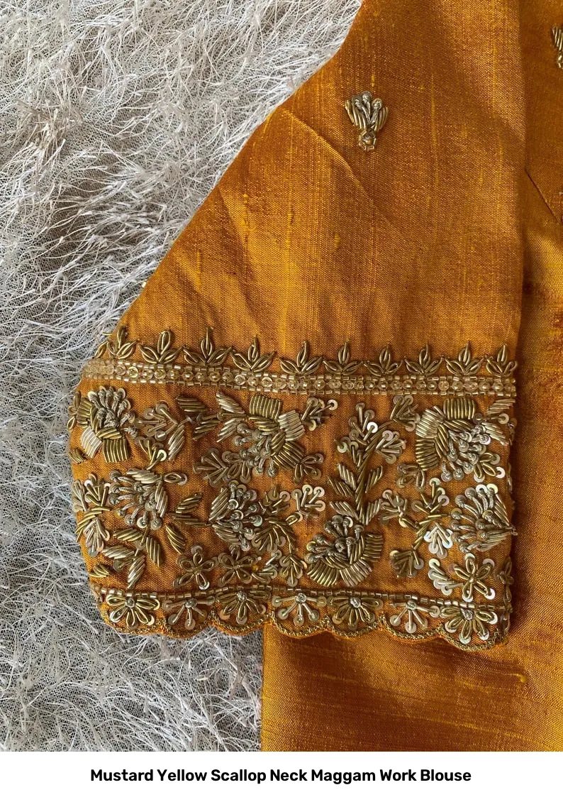 Mustard Yellow Scallop Neck Maggam Work Blouse 5