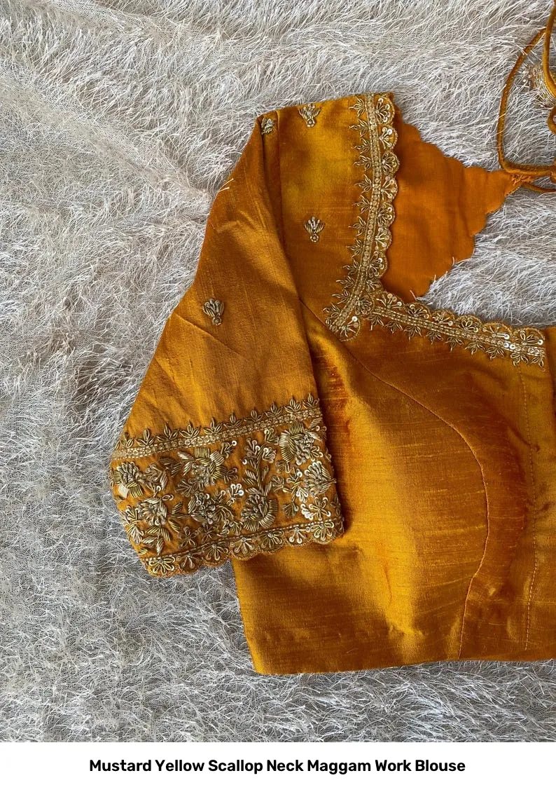 Mustard Yellow Scallop Neck Maggam Work Blouse 6
