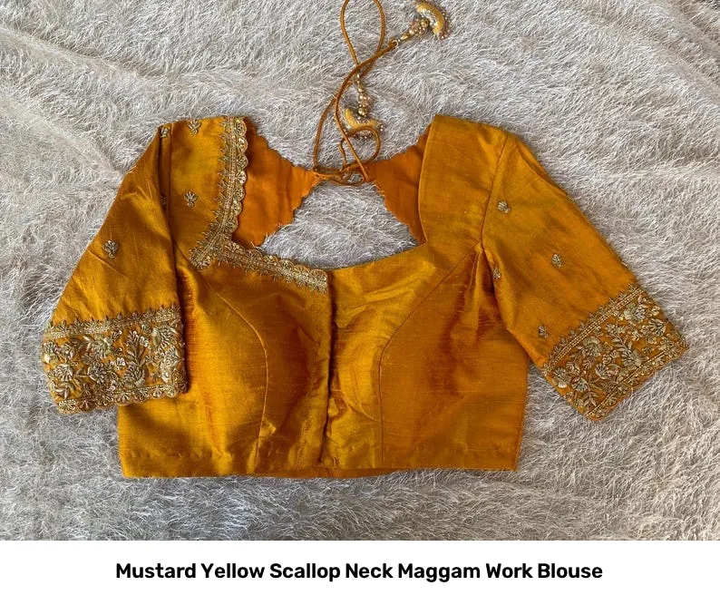 Mustard Yellow Scallop Neck Maggam Work Blouse 7