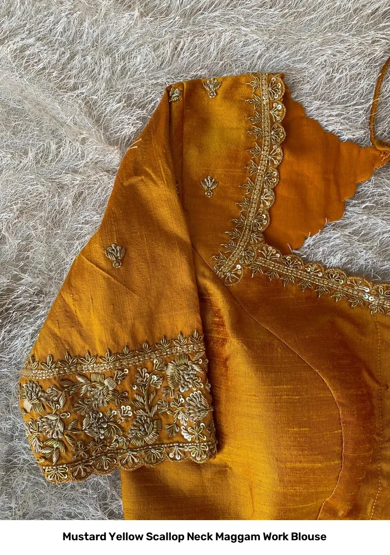 Mustard Yellow Scallop Neck Maggam Work Blouse 8