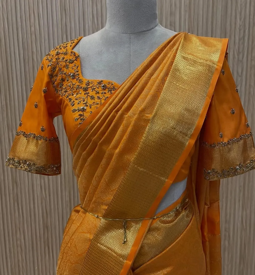 Mustard Yellow Silk Blouse with One-Side Maggam Work