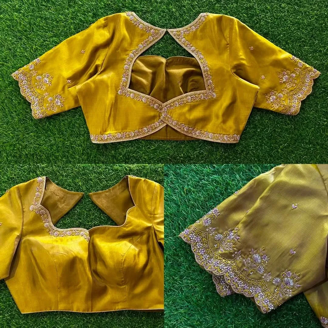Mustard Yellow Silk Blouse with Scalloped Zardozi Cutwork | Designer Handcrafted Bridal Saree Blouse