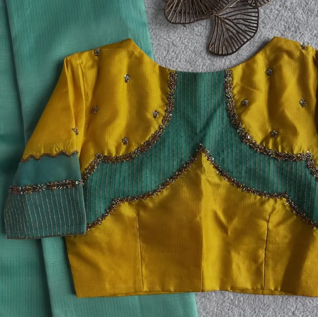 Mustard Yellow Silk Boat Neck Blouse | Sheer Net Patchwork Saree Blouse with Scallop Zardozi Embroidery