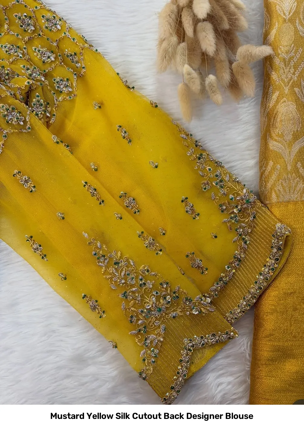 Mustard Yellow Silk Cutout Back Designer Blouse 2