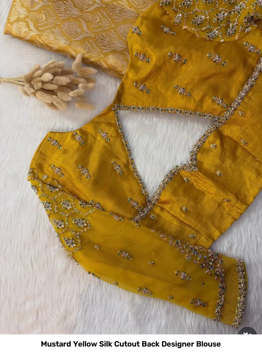 Mustard Yellow Silk Cutout Back Designer Blouse 3