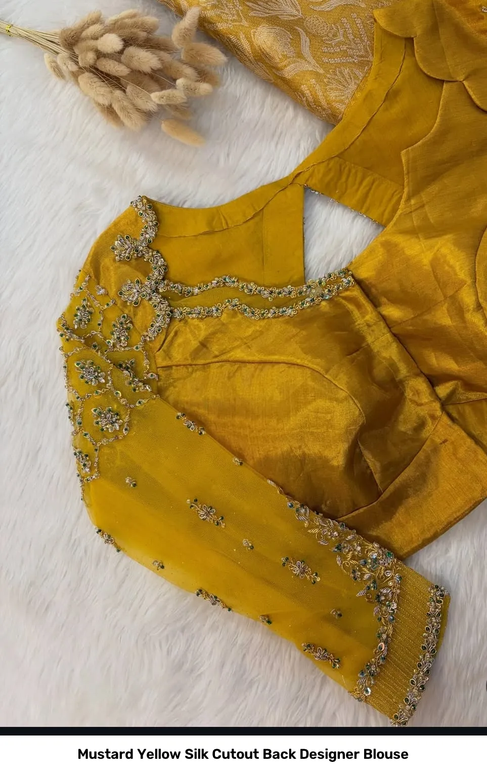 Mustard Yellow Silk Cutout Back Designer Blouse 4