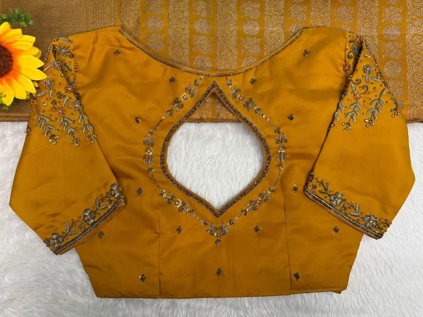 Mustard Yellow Silk Saree Blouse with Cut Out Maggam Back