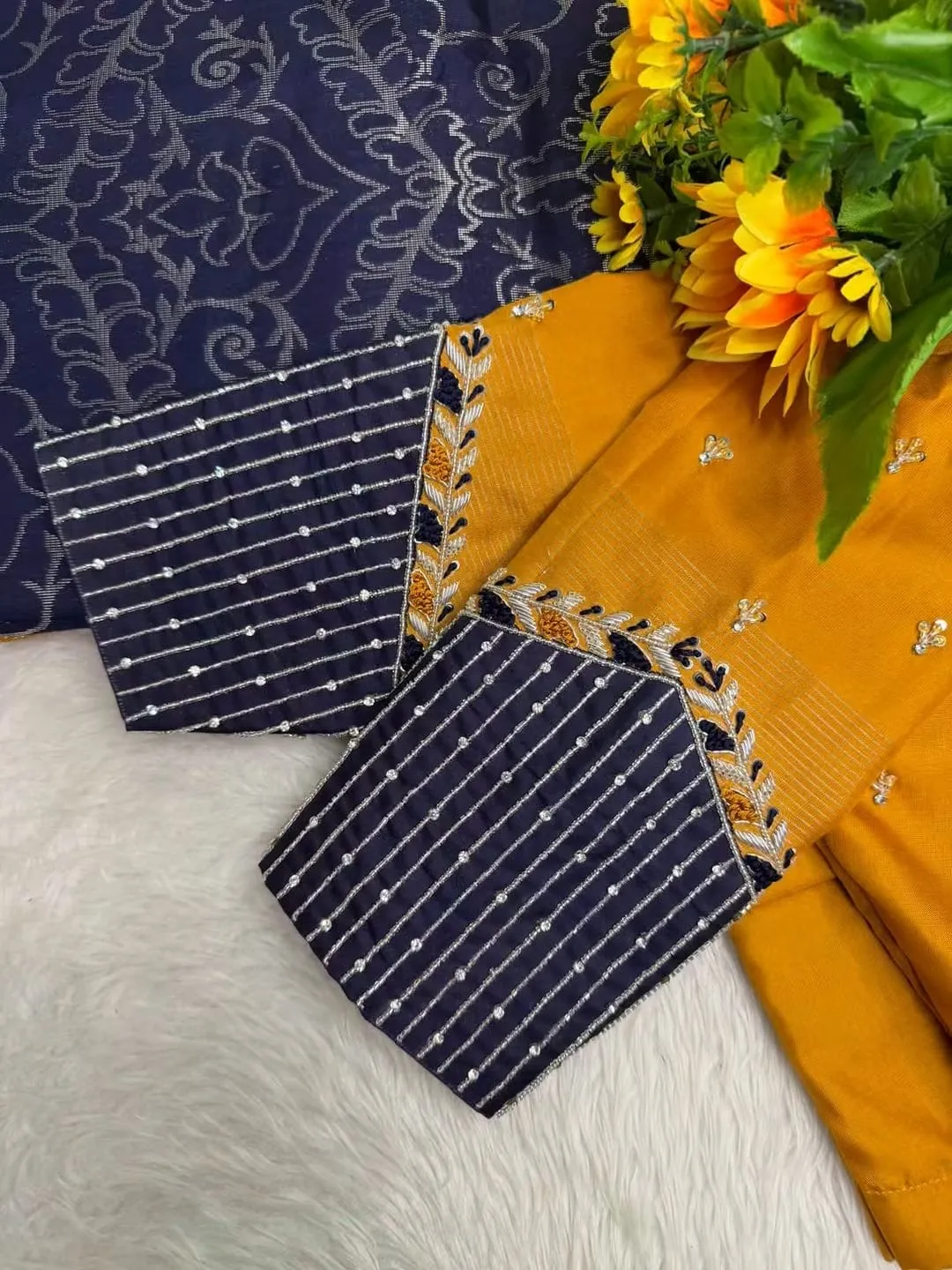 Mustard Yellow V-Neck Blouse with Contrast Navy Zardozi Border