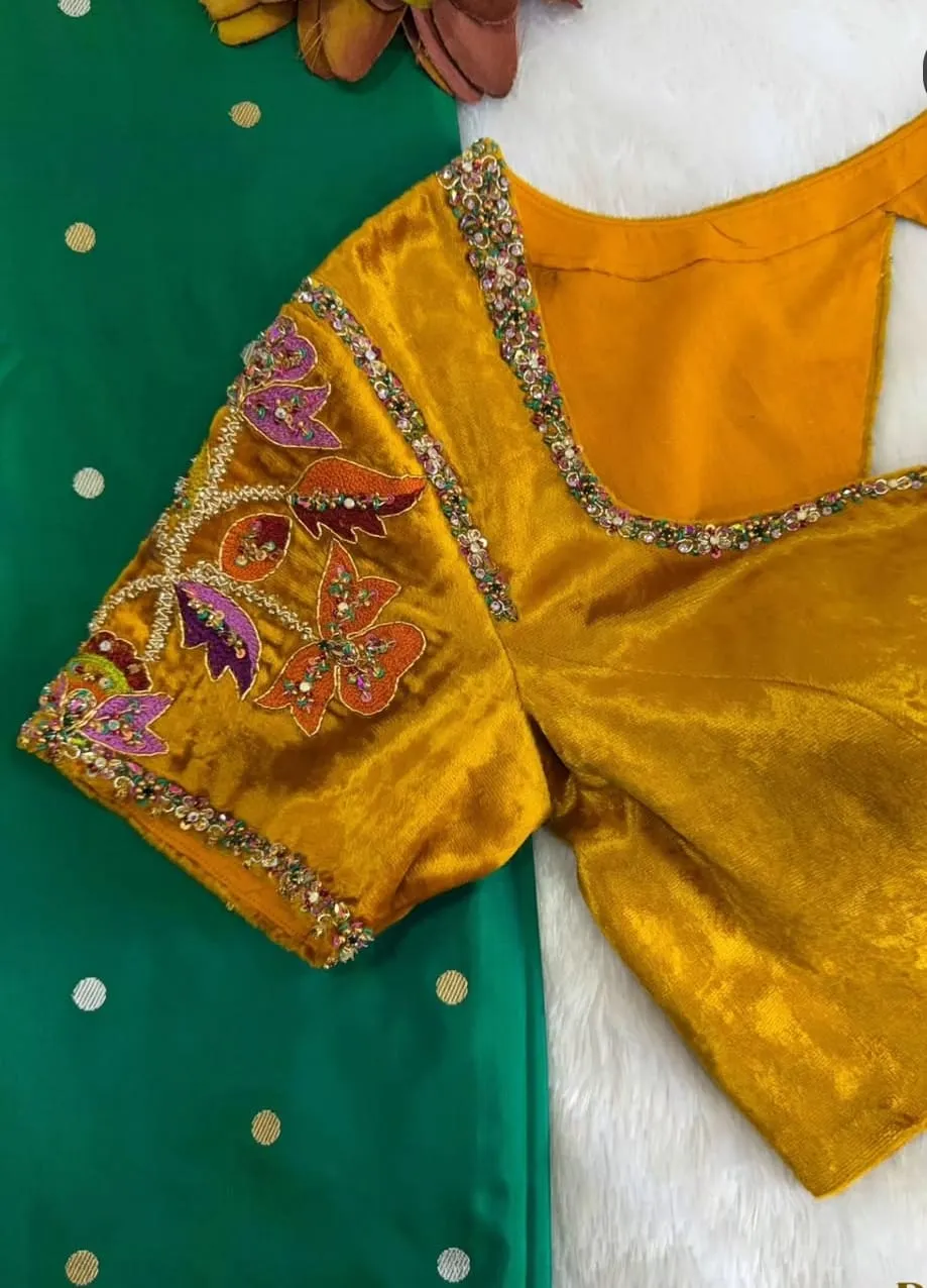 Mustard Yellow Velvet Maggam Blouse