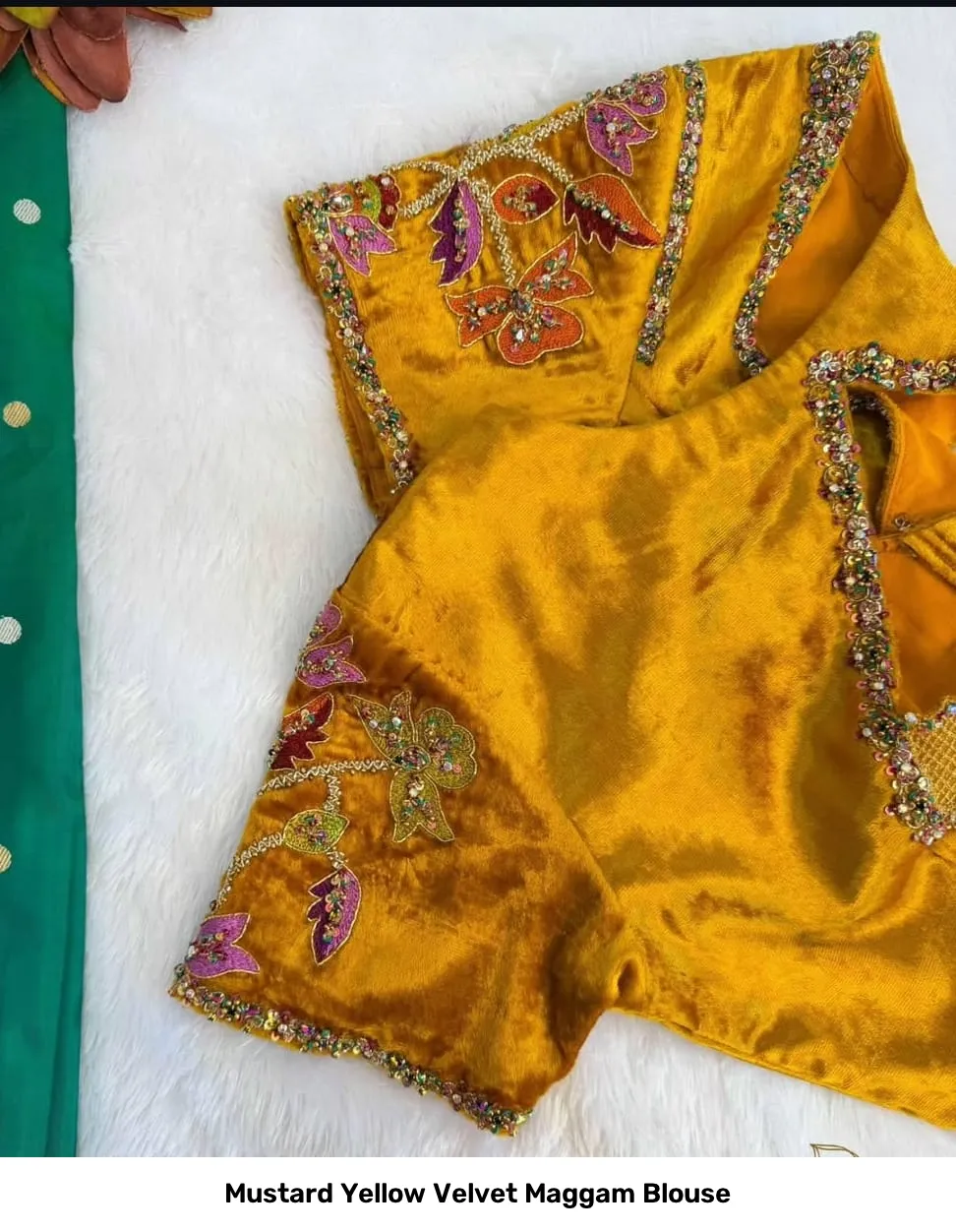 Mustard Yellow Velvet Maggam Blouse 3