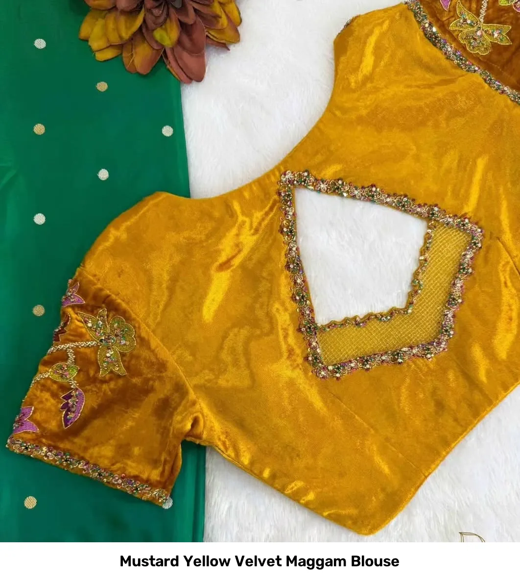 Mustard Yellow Velvet Maggam Blouse 4