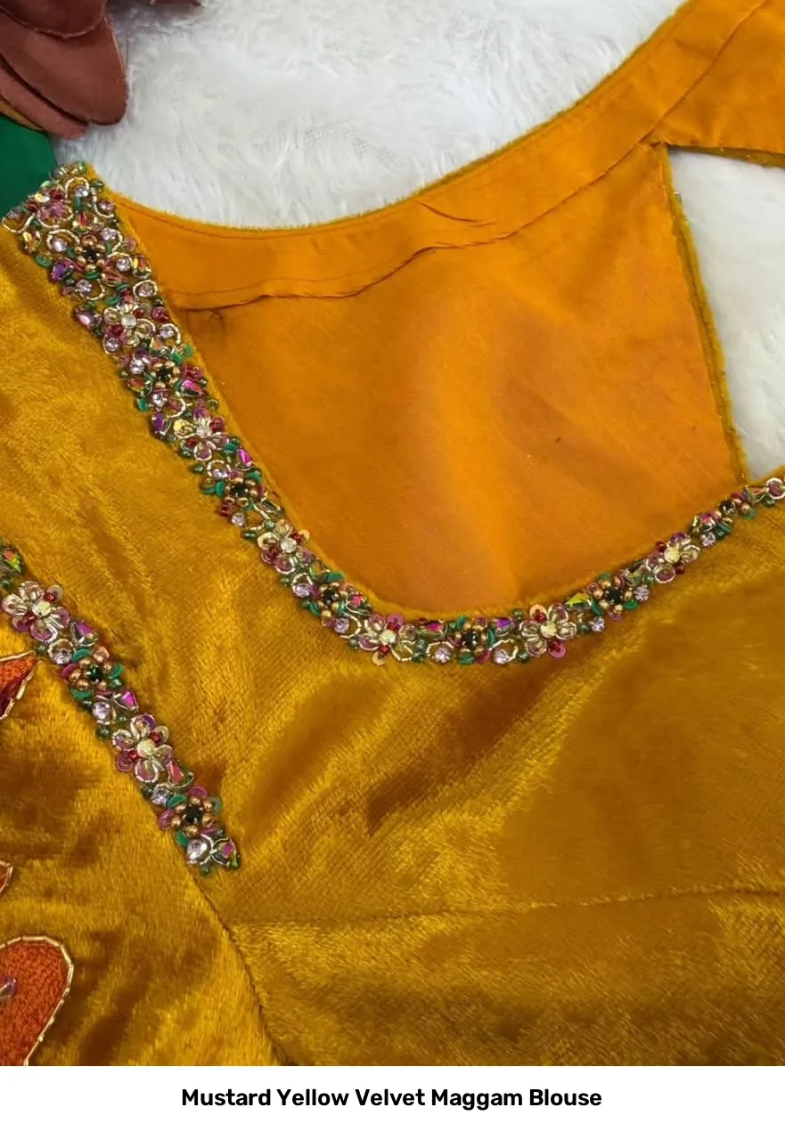 Mustard Yellow Velvet Maggam Blouse 5