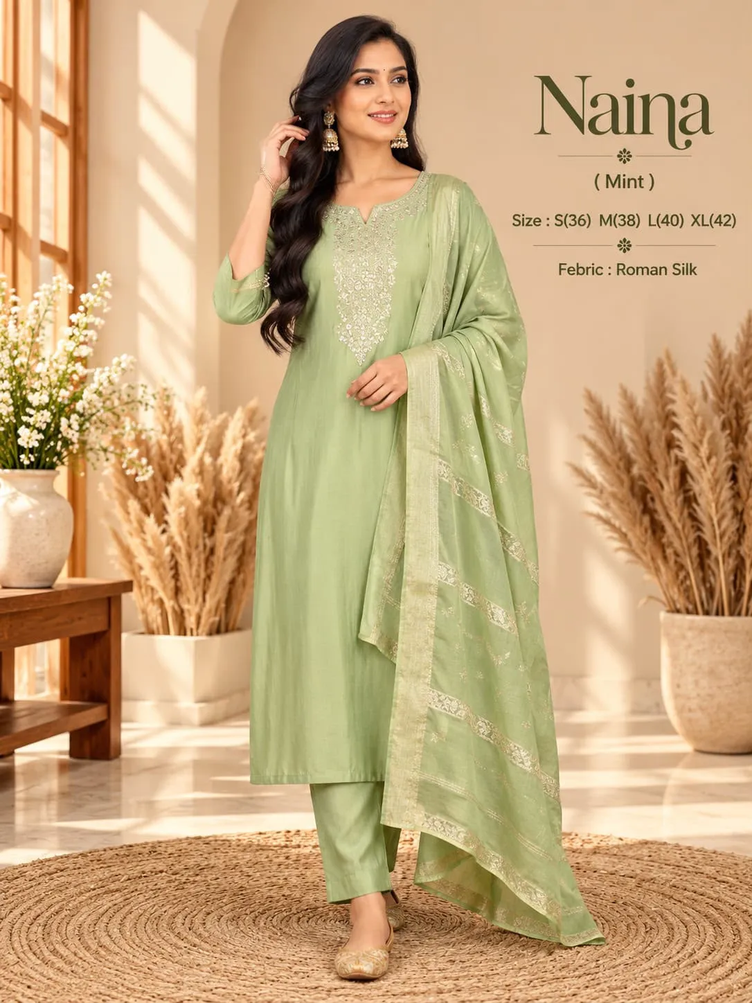 Naina Roman Silk Embroidered Kurta Set with Dupatta