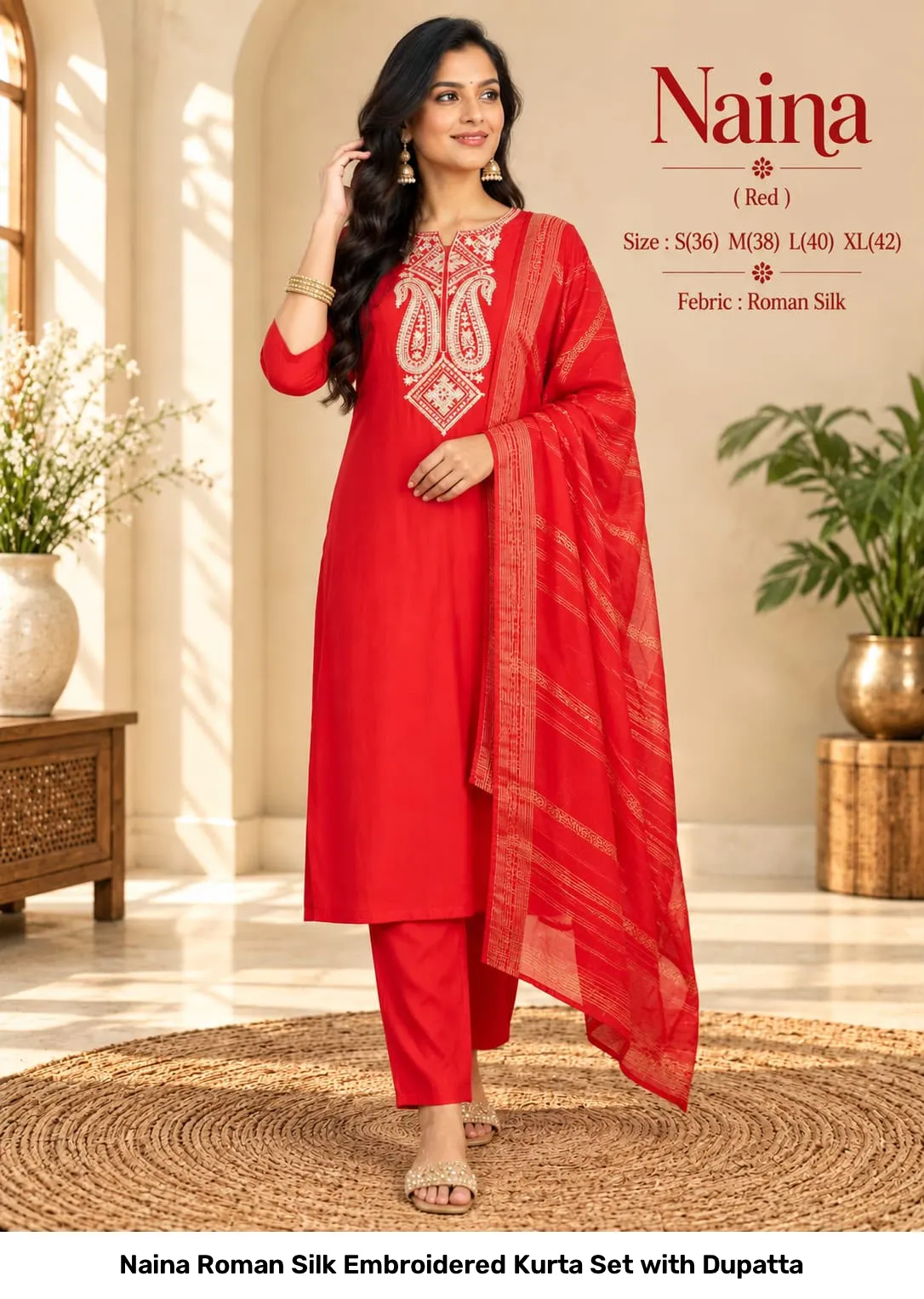 Naina Roman Silk Embroidered Kurta Set with Dupatta 2