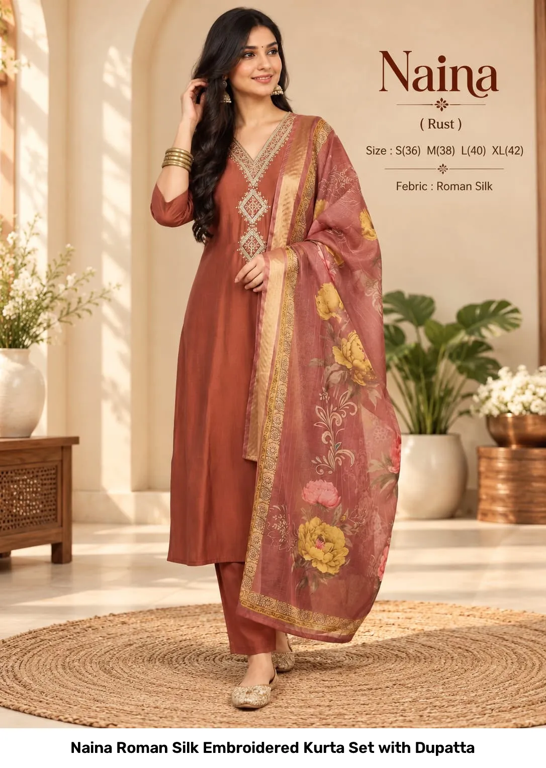 Naina Roman Silk Embroidered Kurta Set with Dupatta 3