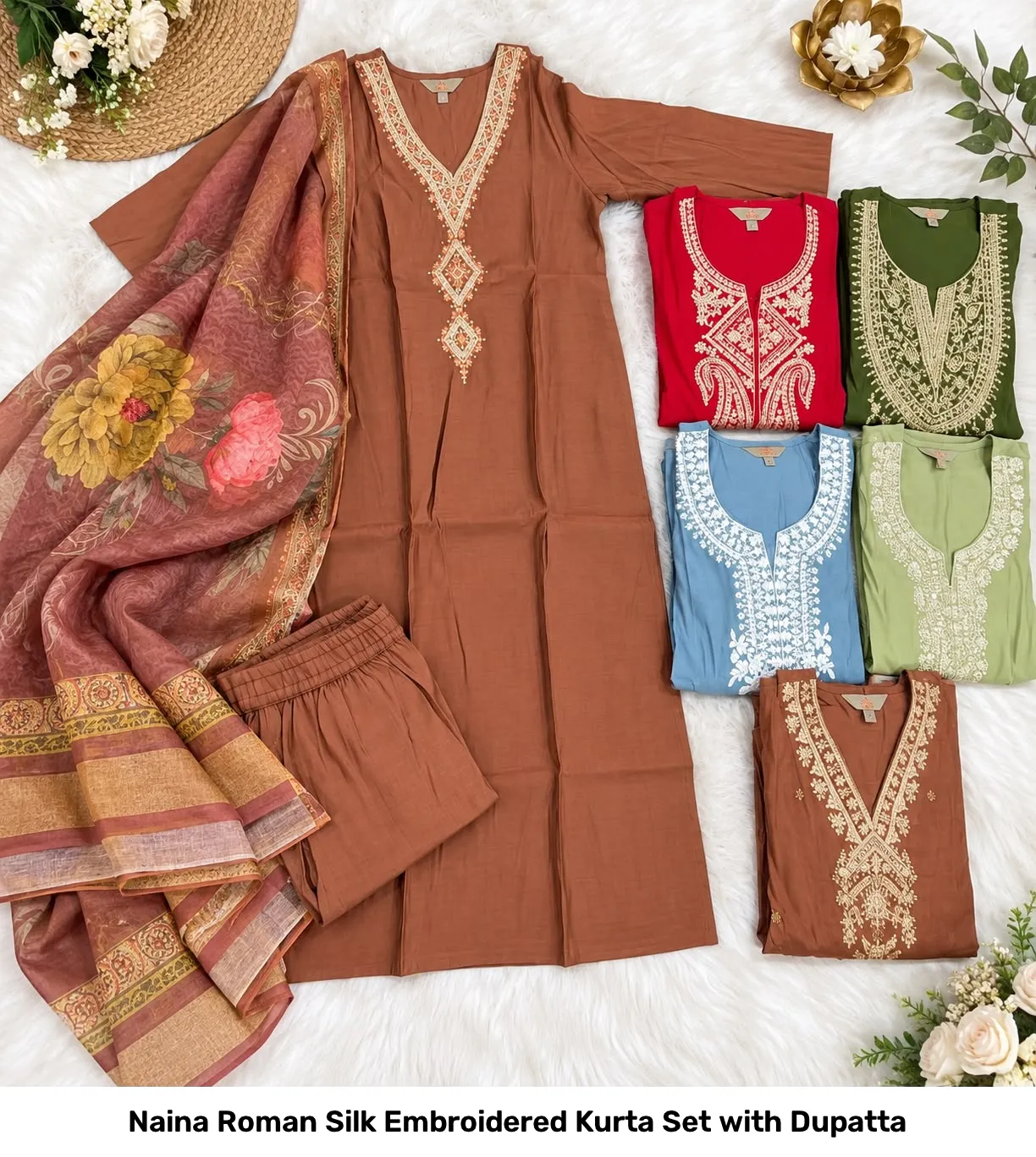 Naina Roman Silk Embroidered Kurta Set with Dupatta 4