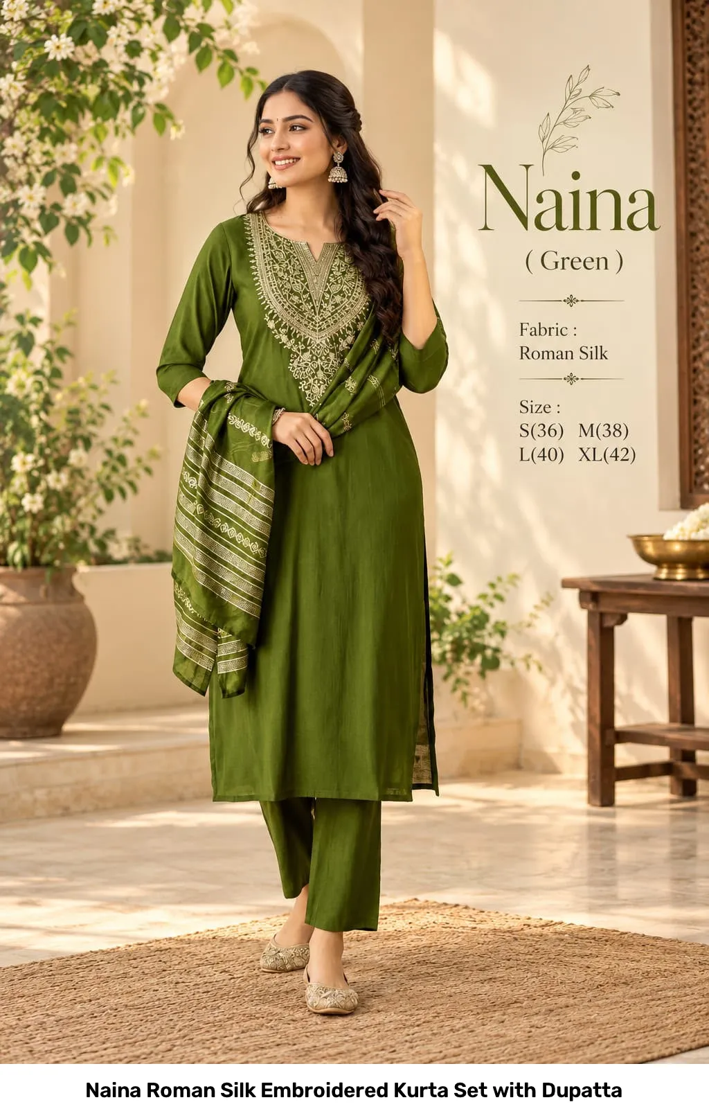 Naina Roman Silk Embroidered Kurta Set with Dupatta 5