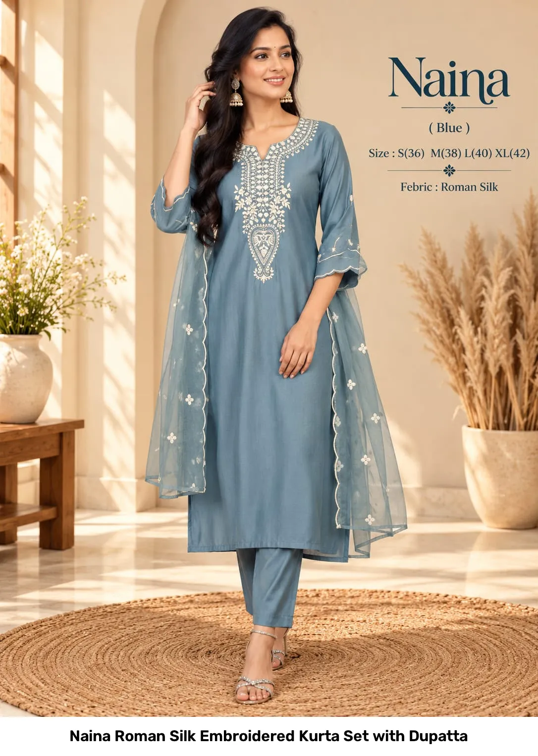 Naina Roman Silk Embroidered Kurta Set with Dupatta 7