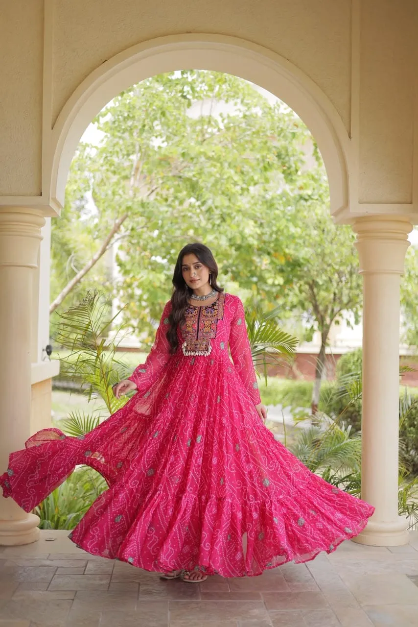 Navratri Bandhani Georgette Gown – 12 Meter Flair Kutchi Patchwork & Cowrie Shell Festive Anarkali