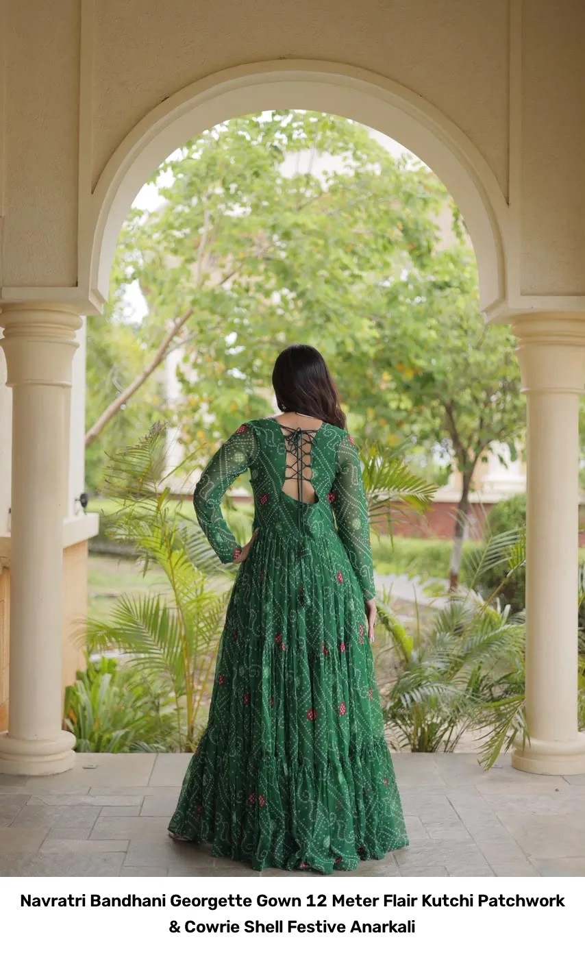 Navratri Bandhani Georgette Gown – 12 Meter Flair Kutchi Patchwork & Cowrie Shell Festive Anarkali 2
