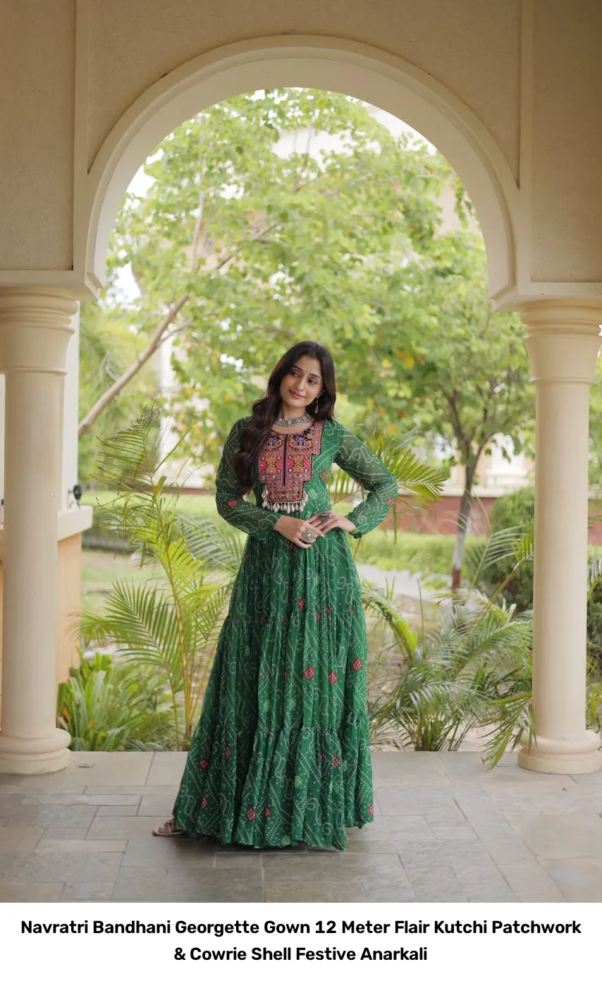 Navratri Bandhani Georgette Gown – 12 Meter Flair Kutchi Patchwork & Cowrie Shell Festive Anarkali 3
