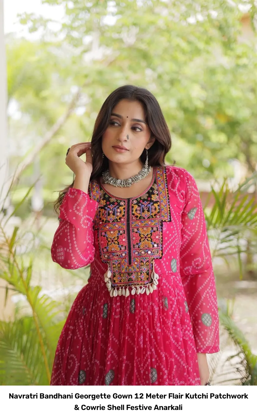 Navratri Bandhani Georgette Gown – 12 Meter Flair Kutchi Patchwork & Cowrie Shell Festive Anarkali 4