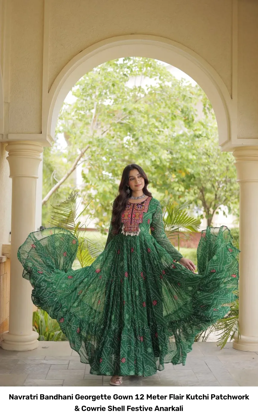 Navratri Bandhani Georgette Gown – 12 Meter Flair Kutchi Patchwork & Cowrie Shell Festive Anarkali 5