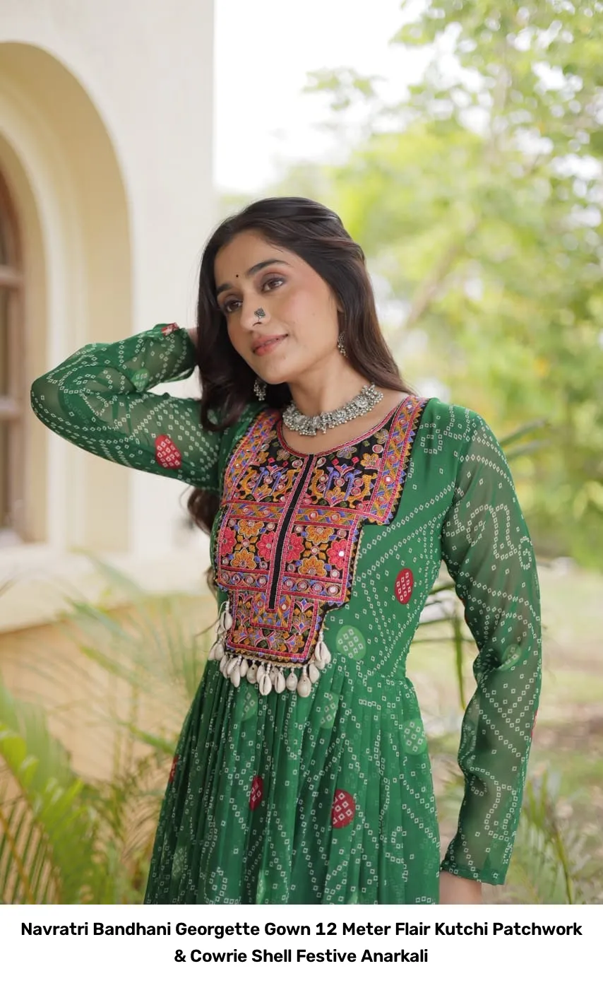 Navratri Bandhani Georgette Gown – 12 Meter Flair Kutchi Patchwork & Cowrie Shell Festive Anarkali 6
