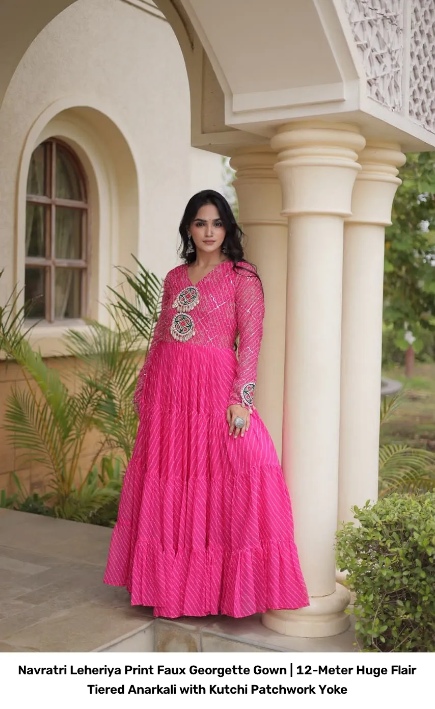 Navratri Leheriya Print Faux Georgette Gown | 12-Meter Huge Flair Tiered Anarkali with Kutchi Patchwork Yoke 2