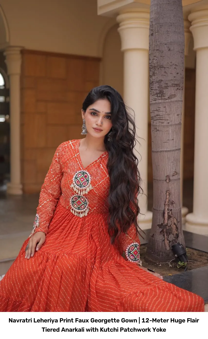 Navratri Leheriya Print Faux Georgette Gown | 12-Meter Huge Flair Tiered Anarkali with Kutchi Patchwork Yoke 3