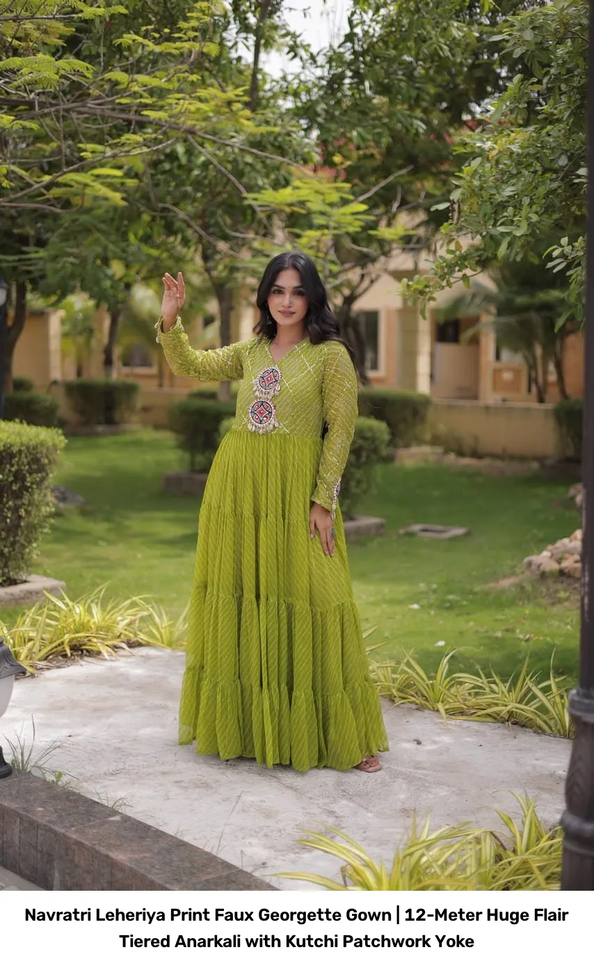 Navratri Leheriya Print Faux Georgette Gown | 12-Meter Huge Flair Tiered Anarkali with Kutchi Patchwork Yoke 4