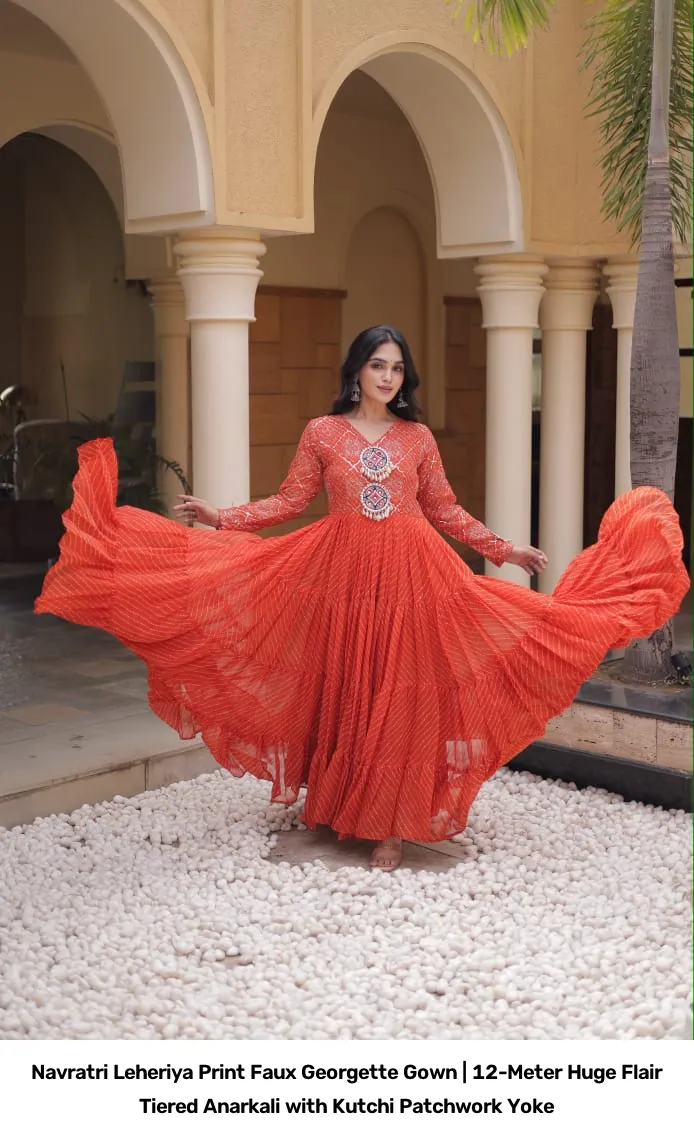 Navratri Leheriya Print Faux Georgette Gown | 12-Meter Huge Flair Tiered Anarkali with Kutchi Patchwork Yoke 5
