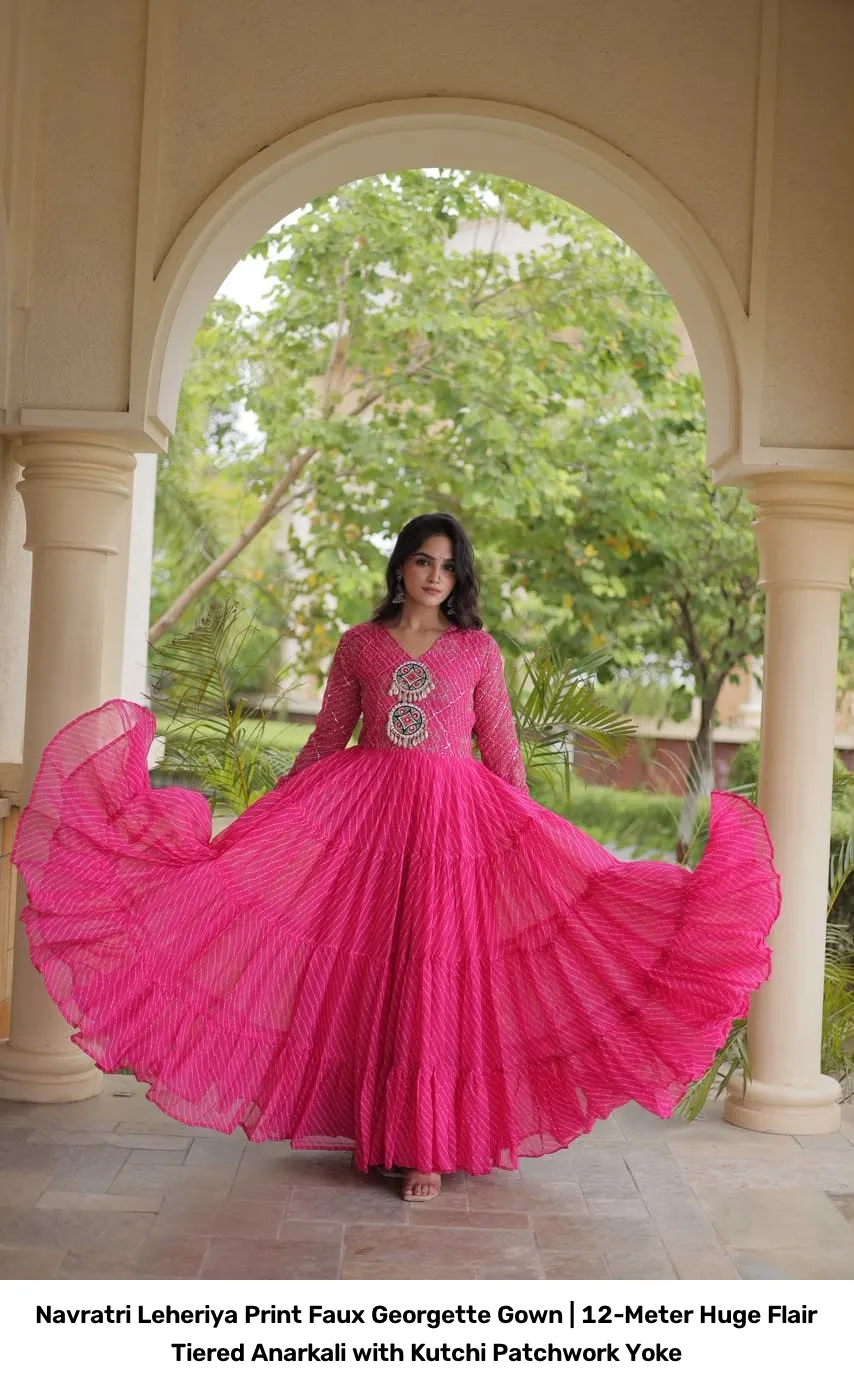 Navratri Leheriya Print Faux Georgette Gown | 12-Meter Huge Flair Tiered Anarkali with Kutchi Patchwork Yoke 6