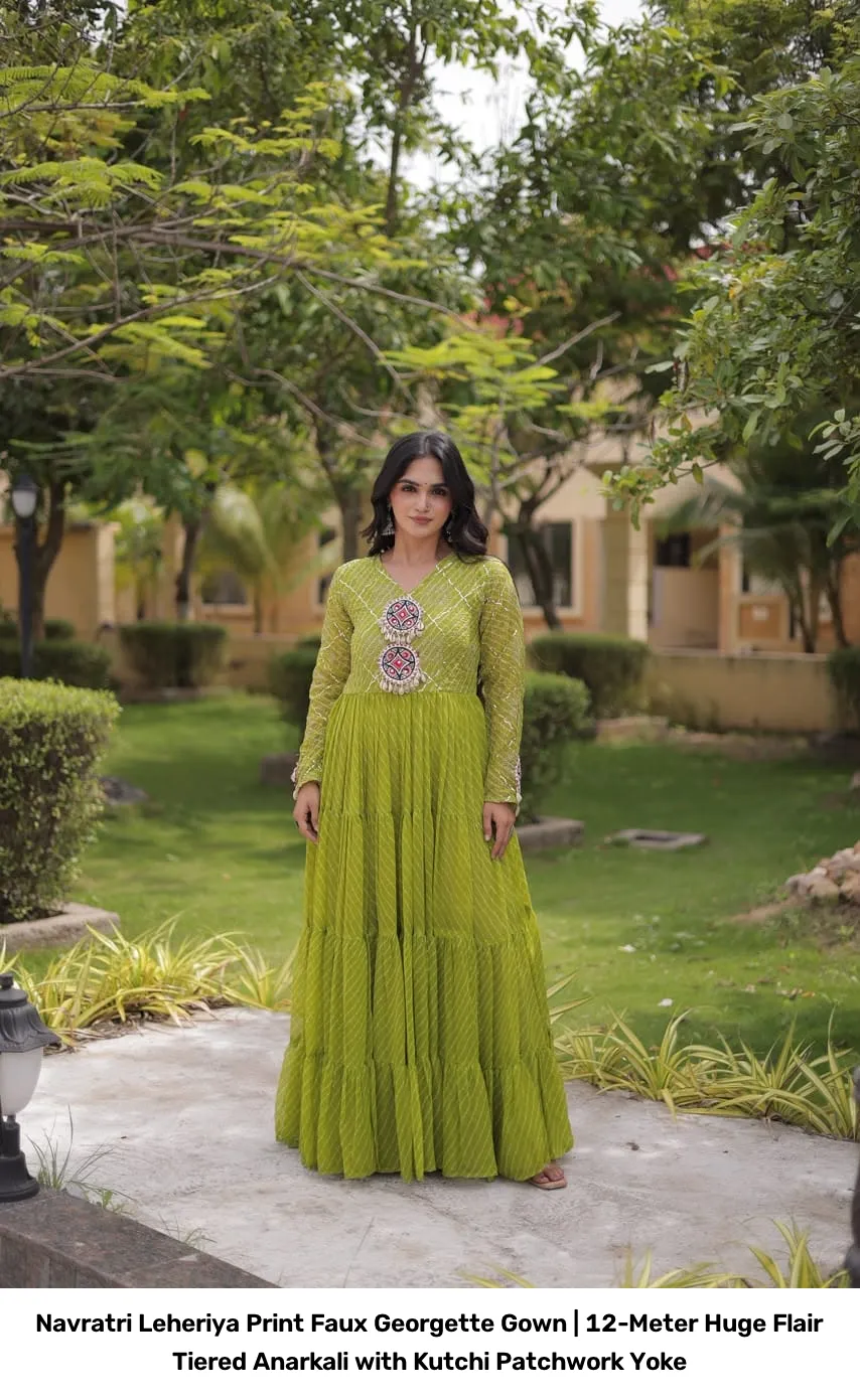 Navratri Leheriya Print Faux Georgette Gown | 12-Meter Huge Flair Tiered Anarkali with Kutchi Patchwork Yoke 7