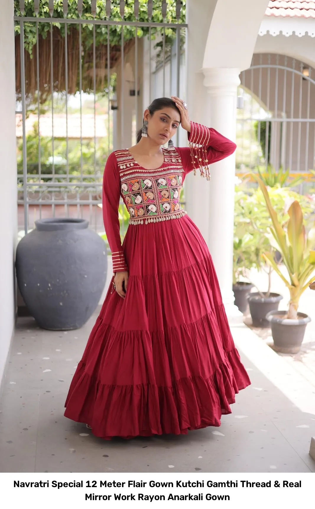 Navratri Special 12 Meter Flair Gown – Kutchi Gamthi Thread & Real Mirror Work Rayon Anarkali Gown 2