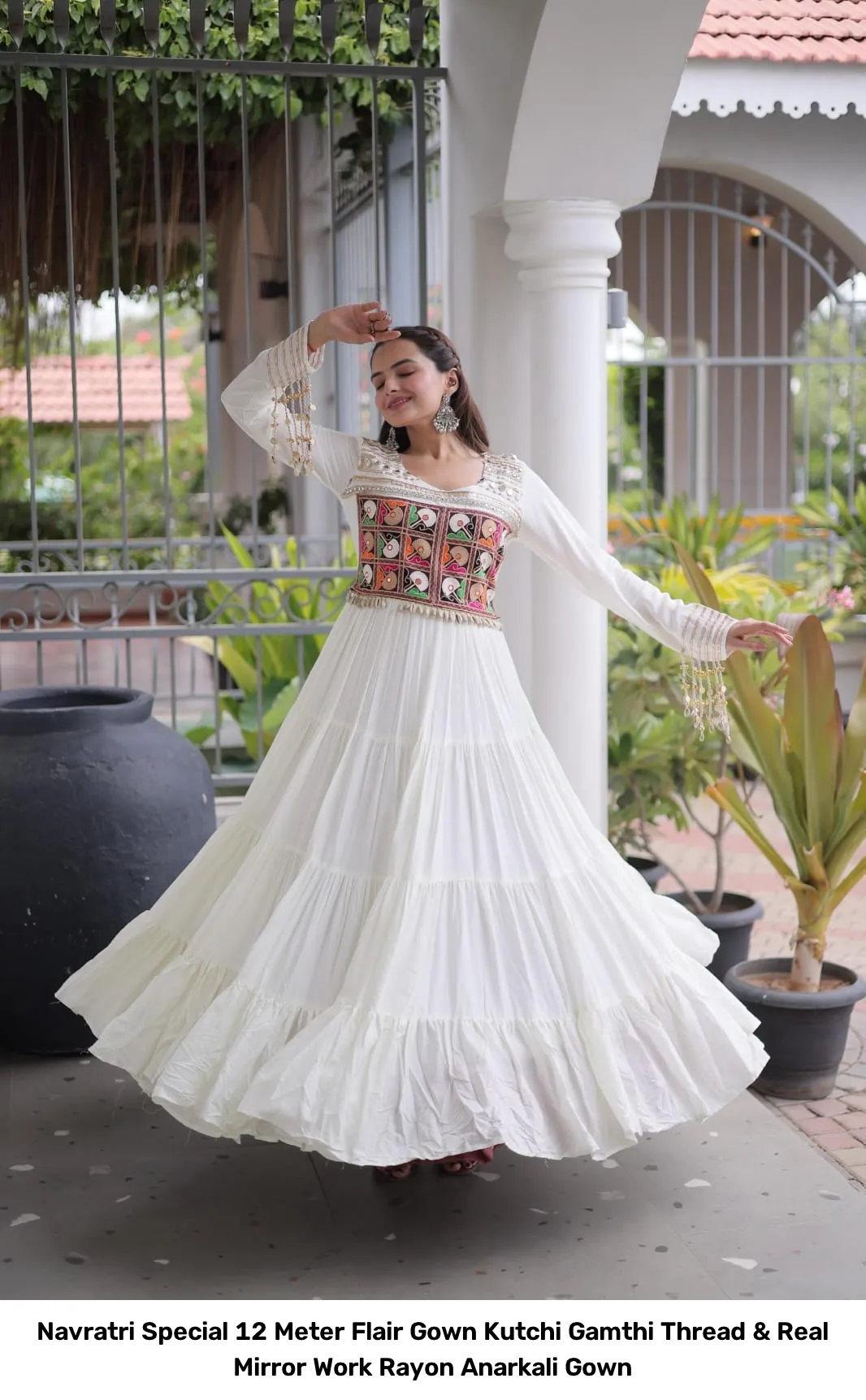 Navratri Special 12 Meter Flair Gown – Kutchi Gamthi Thread & Real Mirror Work Rayon Anarkali Gown 3