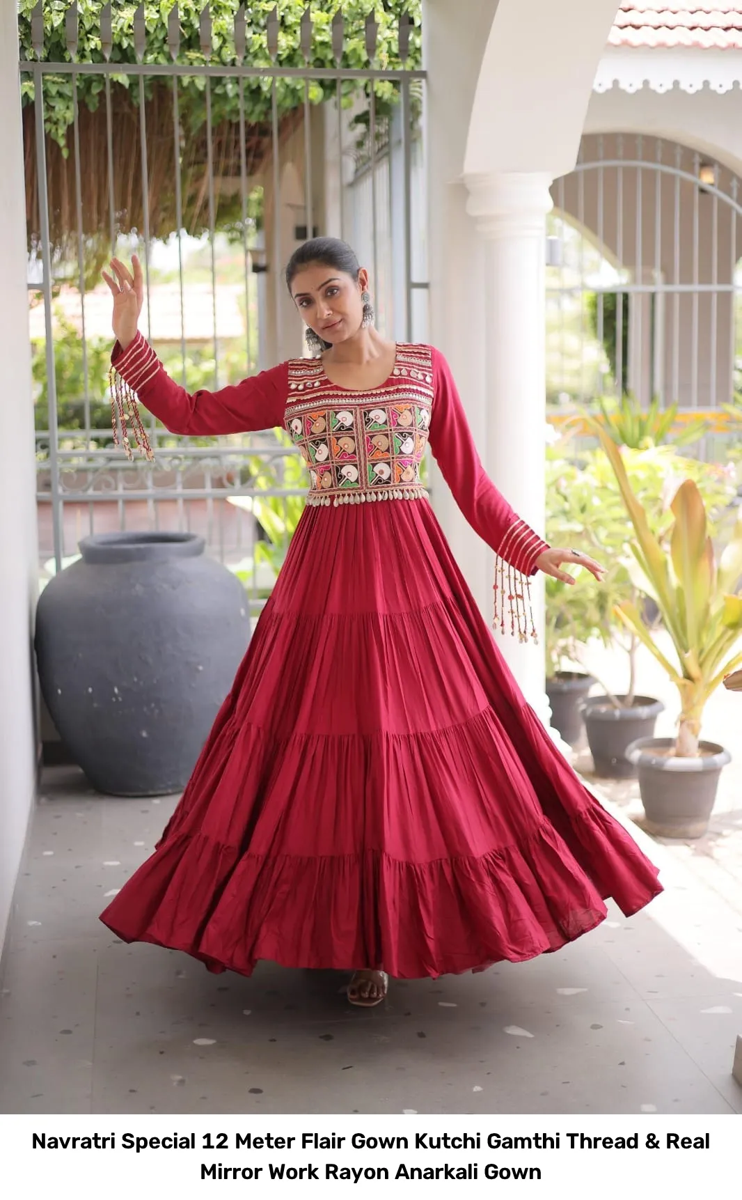 Navratri Special 12 Meter Flair Gown – Kutchi Gamthi Thread & Real Mirror Work Rayon Anarkali Gown 4