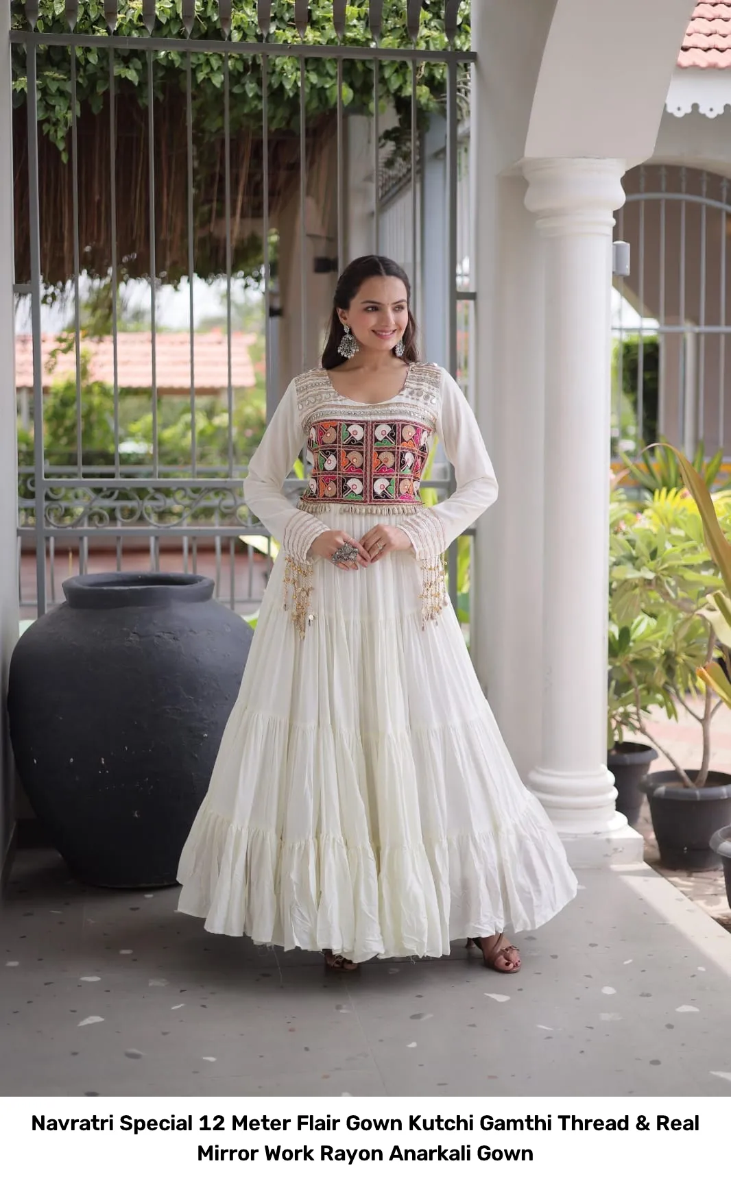 Navratri Special 12 Meter Flair Gown – Kutchi Gamthi Thread & Real Mirror Work Rayon Anarkali Gown 6