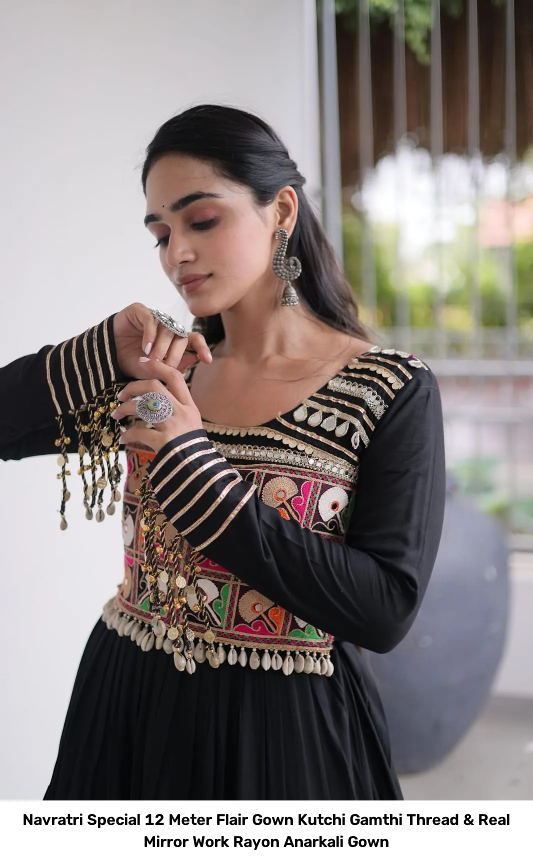 Navratri Special 12 Meter Flair Gown – Kutchi Gamthi Thread & Real Mirror Work Rayon Anarkali Gown 7