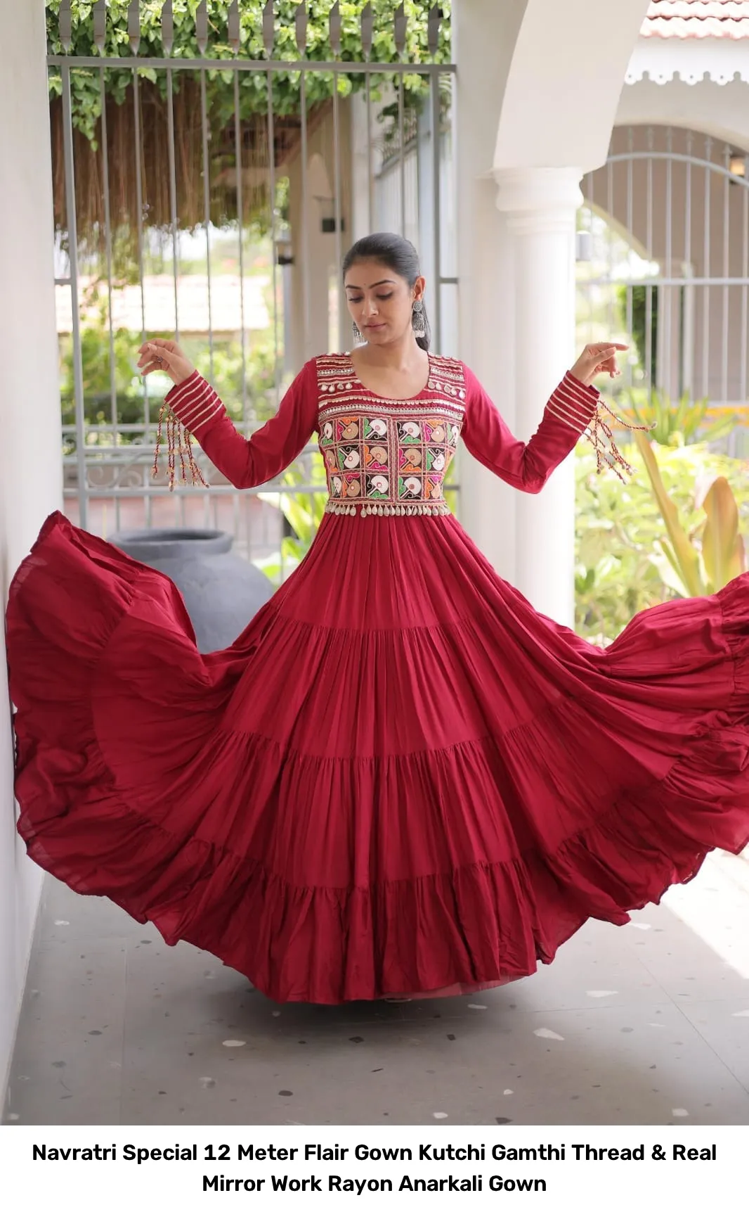 Navratri Special 12 Meter Flair Gown – Kutchi Gamthi Thread & Real Mirror Work Rayon Anarkali Gown 8