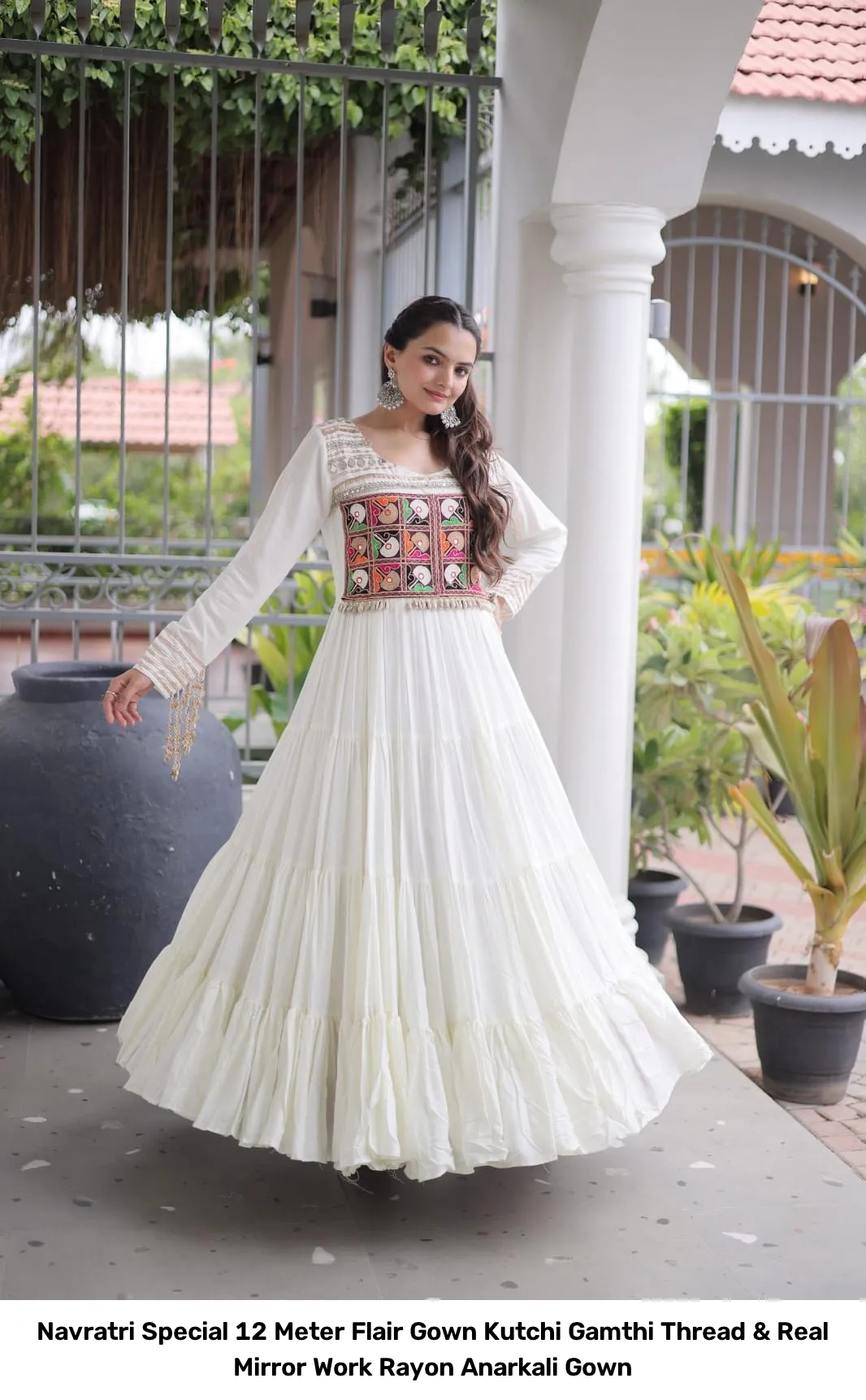 Navratri Special 12 Meter Flair Gown – Kutchi Gamthi Thread & Real Mirror Work Rayon Anarkali Gown 9
