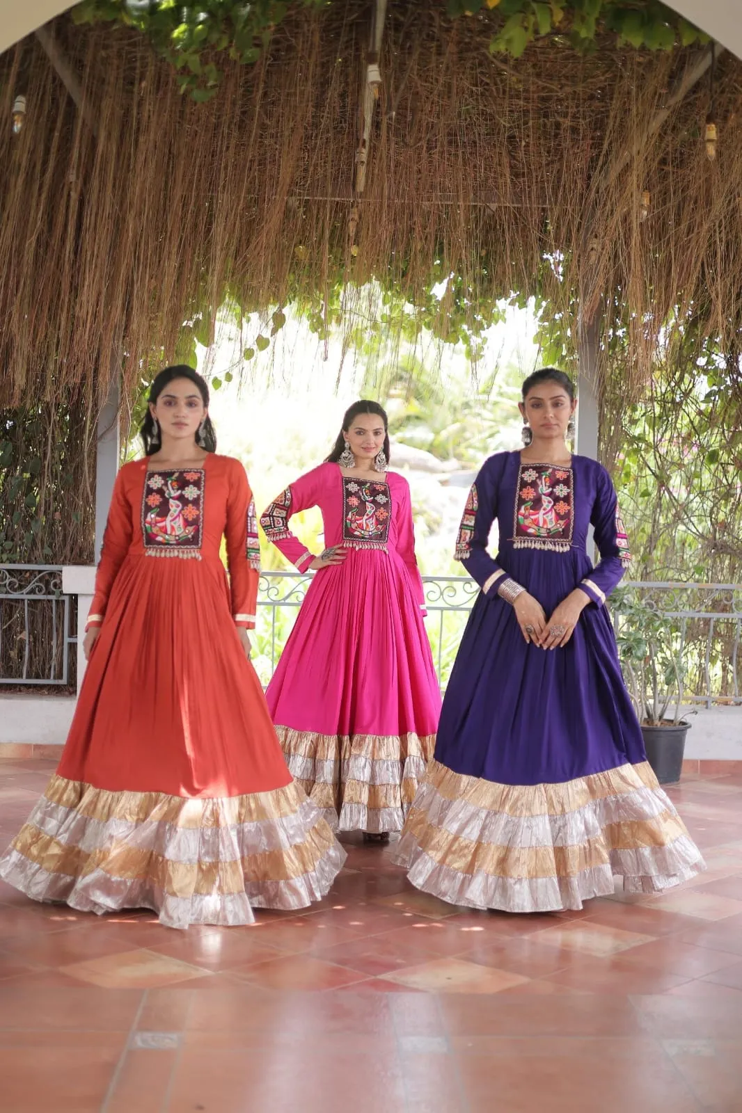 Navratri Special 12-Meter Huge Flair Rayon Gown | Kutchi Gamthi Patchwork & Cowrie Shell Yoke Garba Anarkali Dress