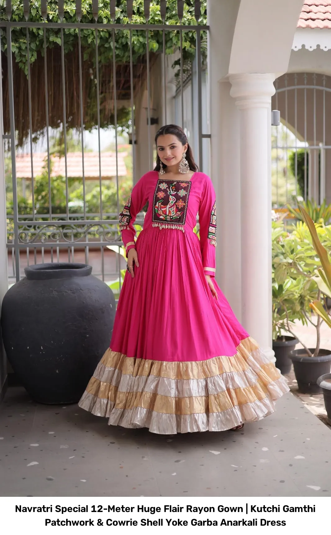 Navratri Special 12-Meter Huge Flair Rayon Gown | Kutchi Gamthi Patchwork & Cowrie Shell Yoke Garba Anarkali Dress 10